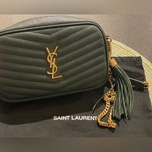 Saint Laurent Lou Mini YSL Grain de Poudre Camera Crossbody Bag Vert Fonce/Gold